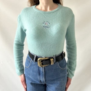 100% kaszmir błękitny włoski sweter haft