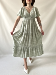 miętowa długa sukienka falbanki