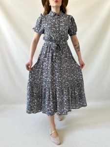 100% wiskoza czarna sukienka w białe kwiatki szmizjerka APRICOT